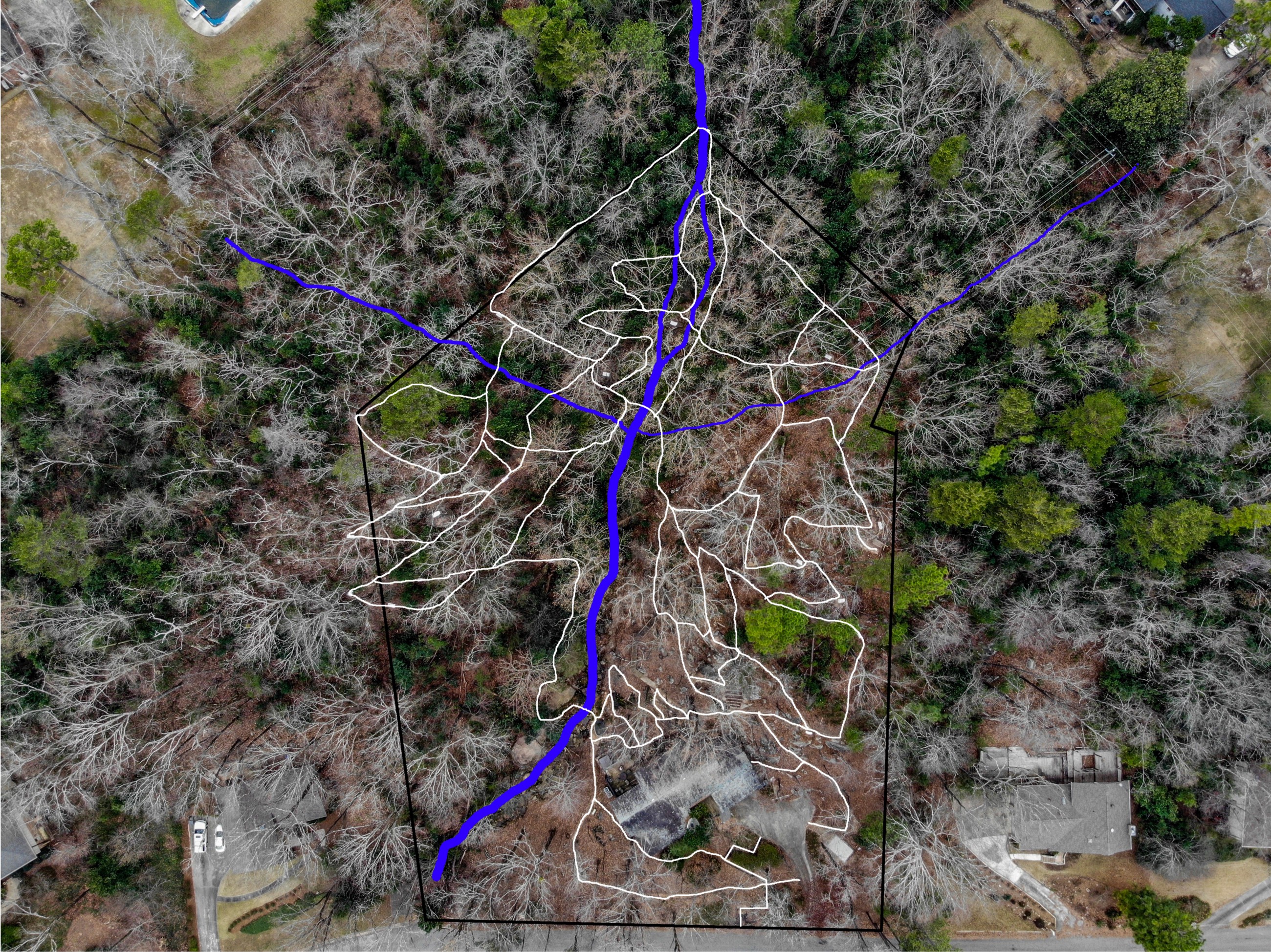 Aerial view of a forest clearing with a tan network of intersecting trails; blue route line overlays and small buildings along the bottom edge.