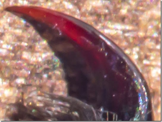 Close-up of a glossy curved red object with a dark interior against a golden speckled background.