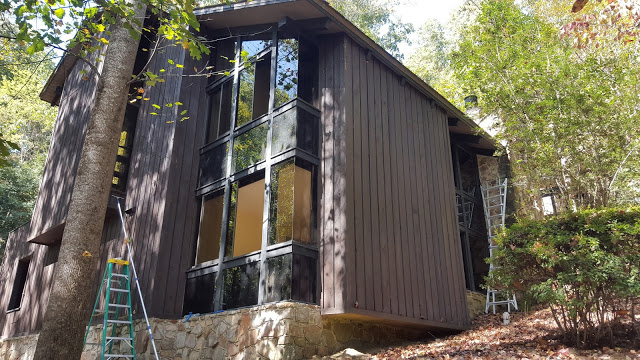 Dark brown wooden cabin with large front windows, elevated on a stone base, among trees; a green ladder leans by the wall.