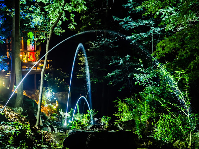 Night garden scene with glowing blue arcing water jets among rocks and dense greenery; warm lights glow in the background.