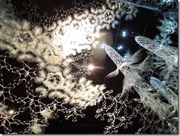 Intricate lace-like ice crystals fill the frame against a dark background, with glints of light shining from the center-right.