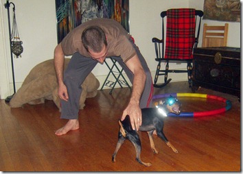 Man bends toward a small black-and-tan dog on a wooden floor; red-blue hoop toy nearby, plaid blanket on chair in the background.