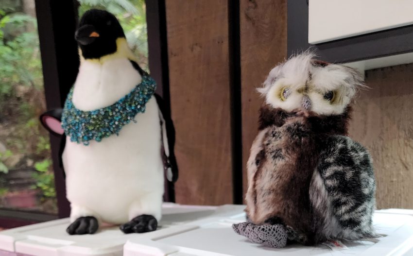 Two plush birds on a white surface: a black-and-white penguin wearing a teal patterned scarf, and a brown fuzzy owl beside a wooden backdrop.