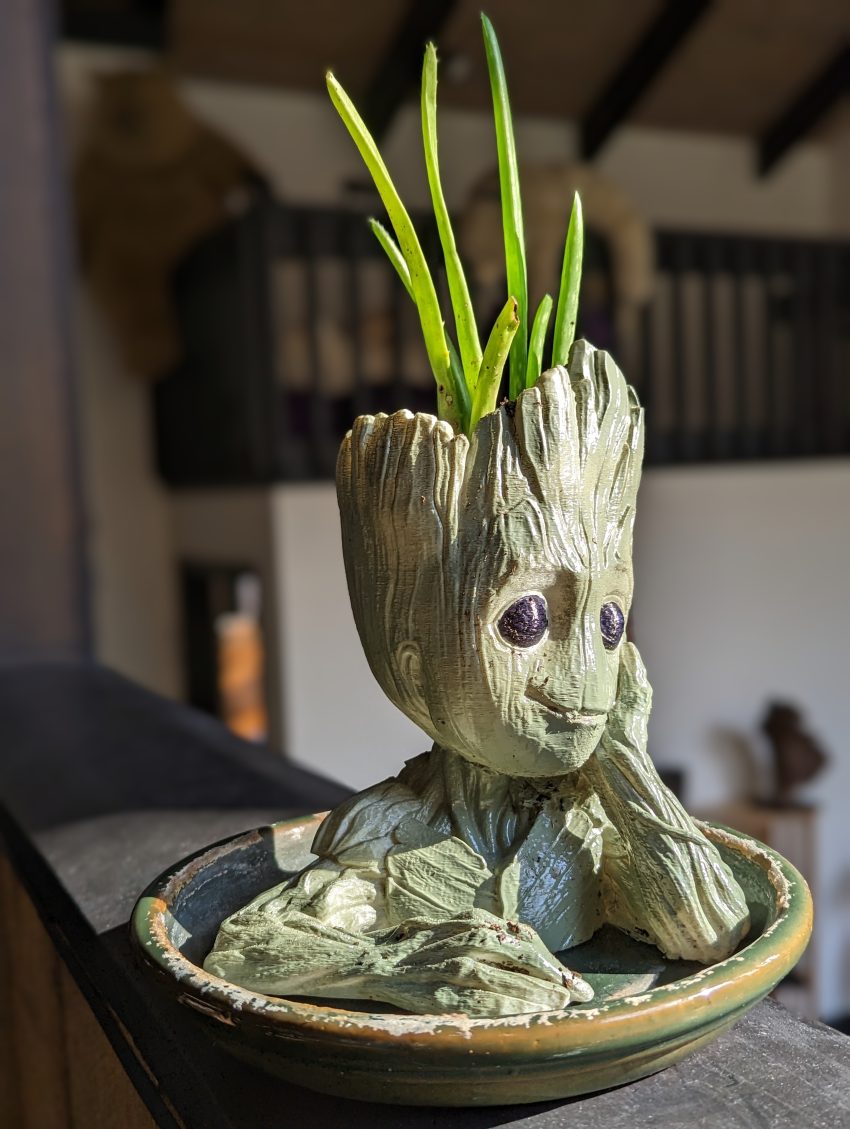 Groot-inspired bonsai statue in a shallow ceramic dish, bark-textured figure with bright green leaves sprouting from its head.