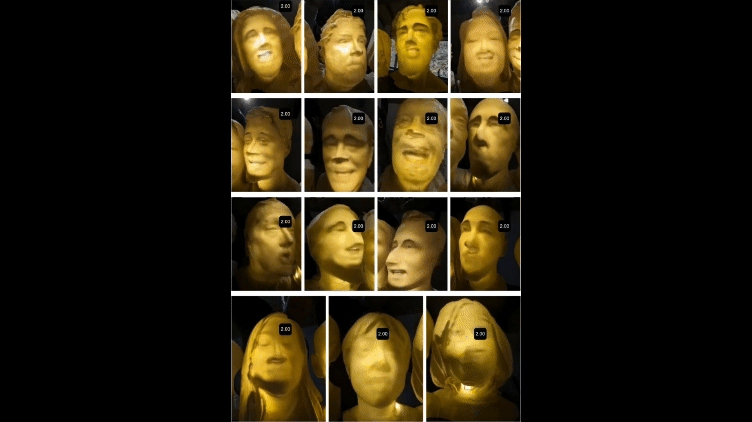 Golden-tinted faces arranged in a grid on a black background, close-ups forming a ghostly choir collage.