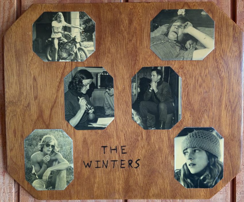 Vintage black-and-white family photo collage on wooden plaque with six portraits and engraved title 'The Winters'