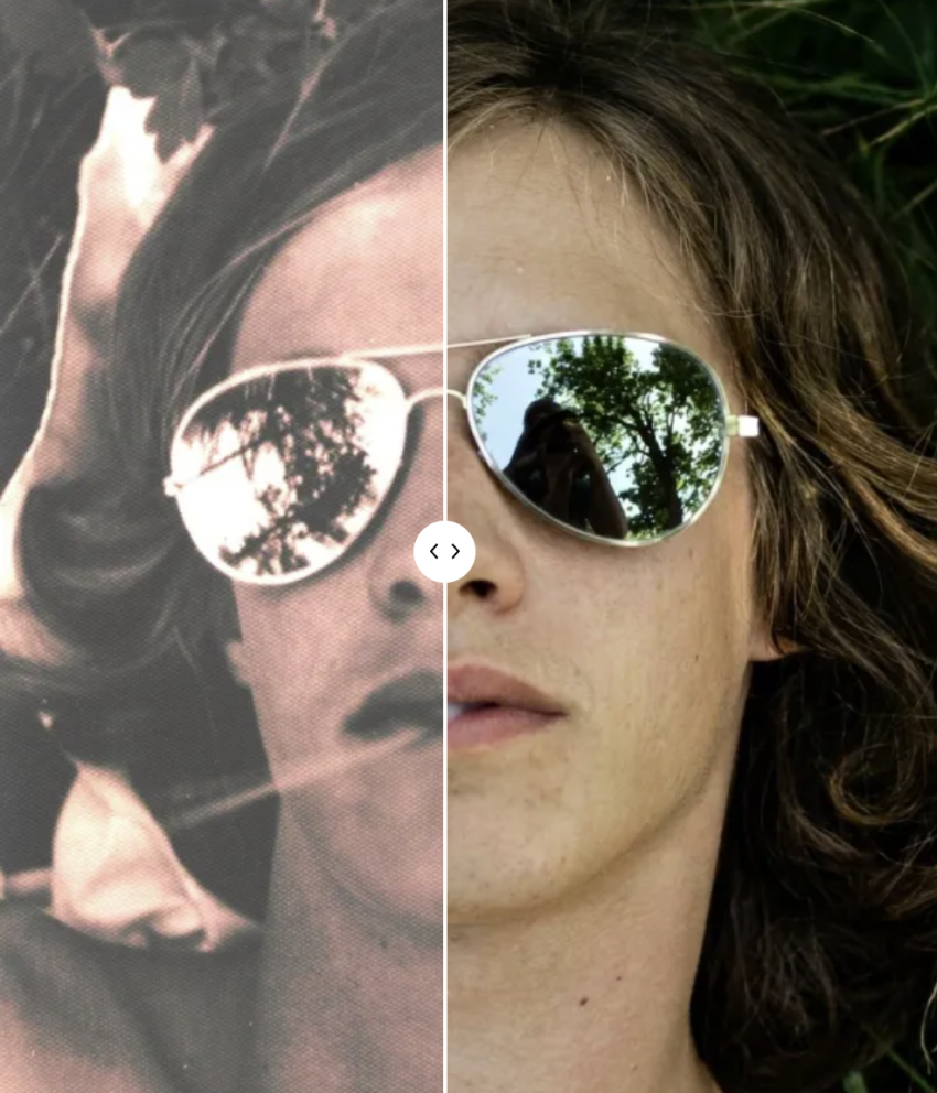 Split view: grayscale portrait with mirrored aviator sunglasses beside color close-up of woman wearing reflective aviators showing trees and a photographer.