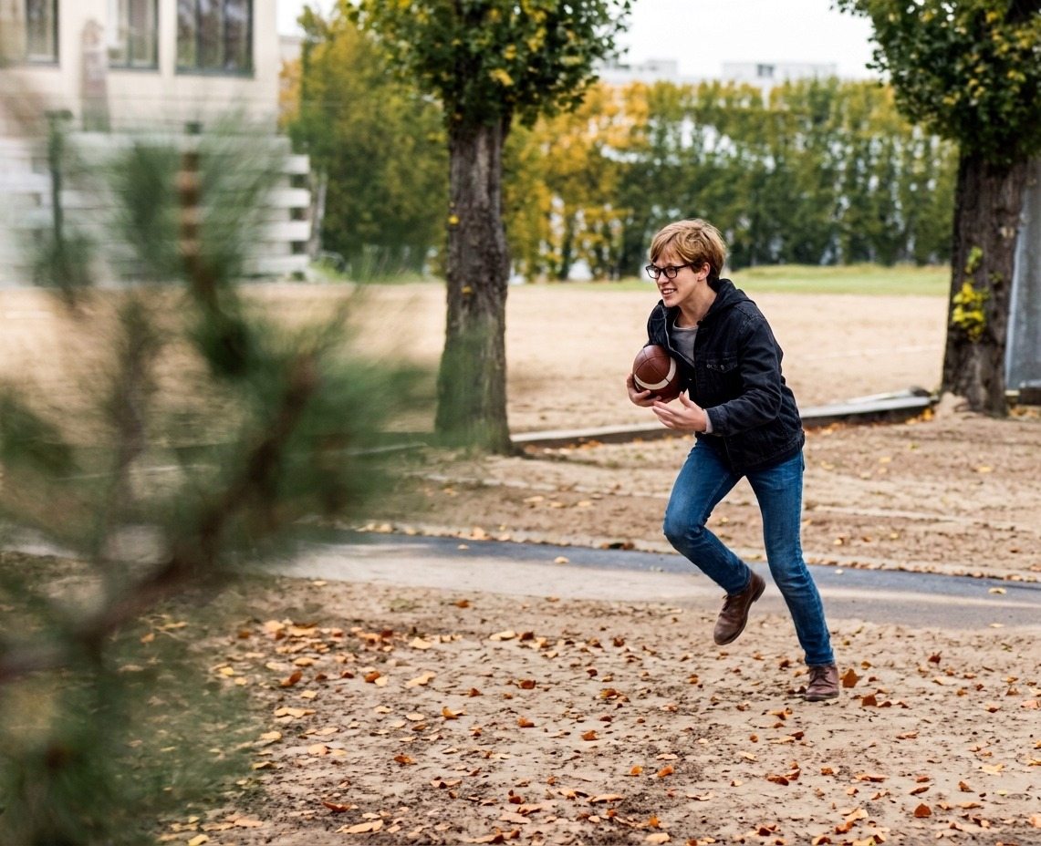 Young person with glasses in a black jacket and blue jeans runs on a leaf-covered path, holding a brown football amid autumn trees.