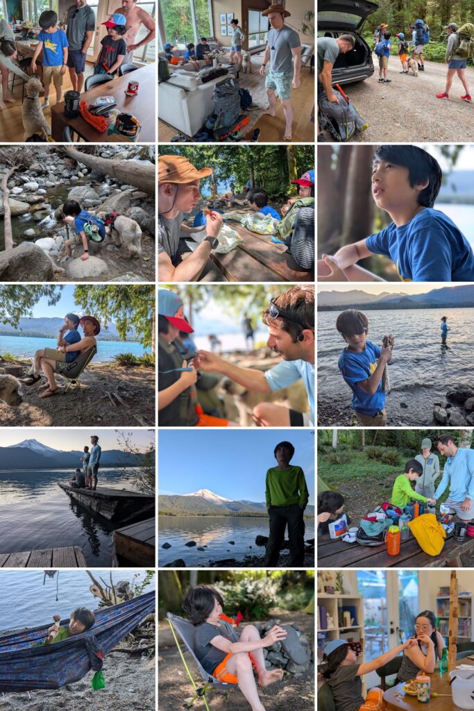 Collage of a family and friends camping and hiking: indoor packing, trail stops with dogs, meals, and lakeside mountain scenery.